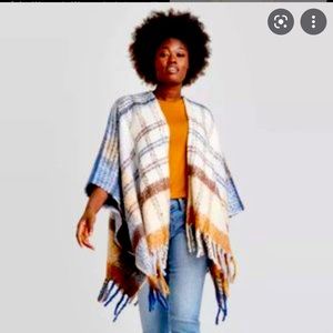 Plaid Ruana Kimono Jacket Universal Thread Cream Blue Camel Fringe